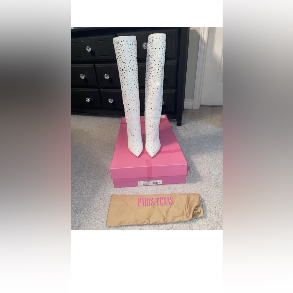 White Rhinestone Knee-High Stiletto Boots - Picture 3 of 10